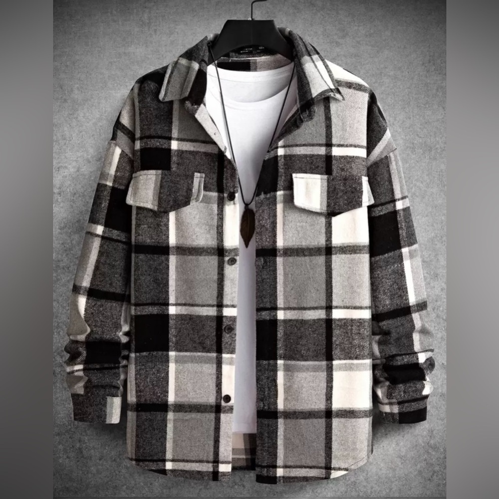 SHEIN Men's Plaid Shirt Jacket in Black and Gray